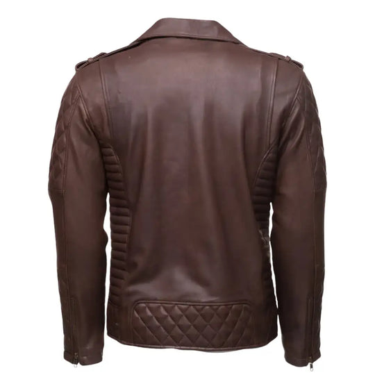 Back profile of stylish diamond stitched brown quilted leather biker jacket