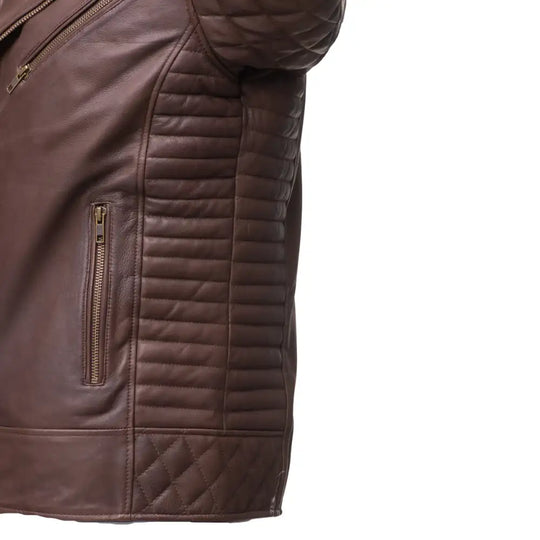 Detailed view of zipper and belt on diamond stitched brown leather biker jacket