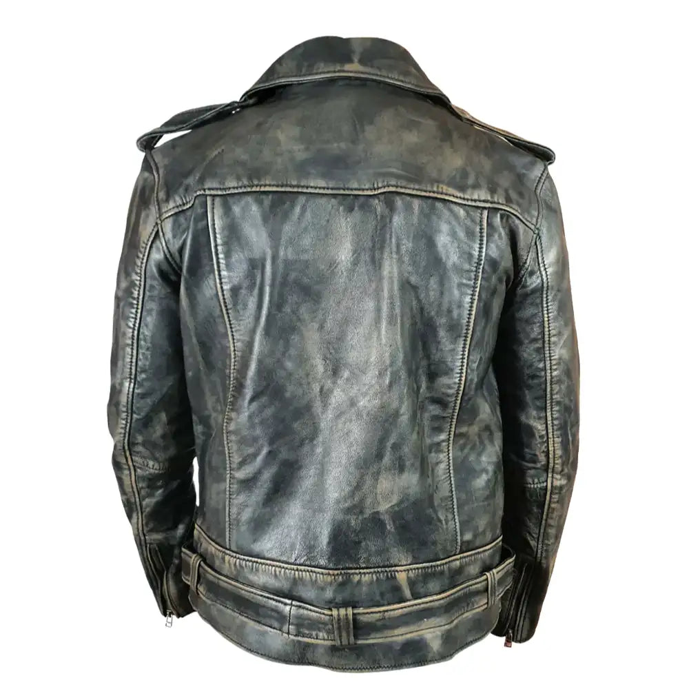 Back view of the distressed belted leather biker jacket, showcasing the rugged leather texture and belt detailing.