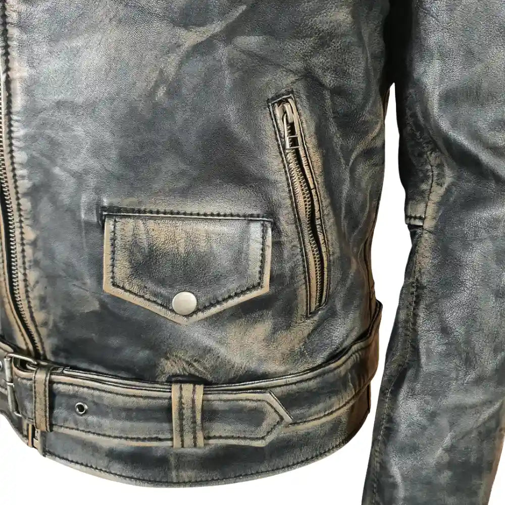 Close-up of the distressed leather on the belted biker jacket, displaying its vintage, rugged texture and worn-in look.