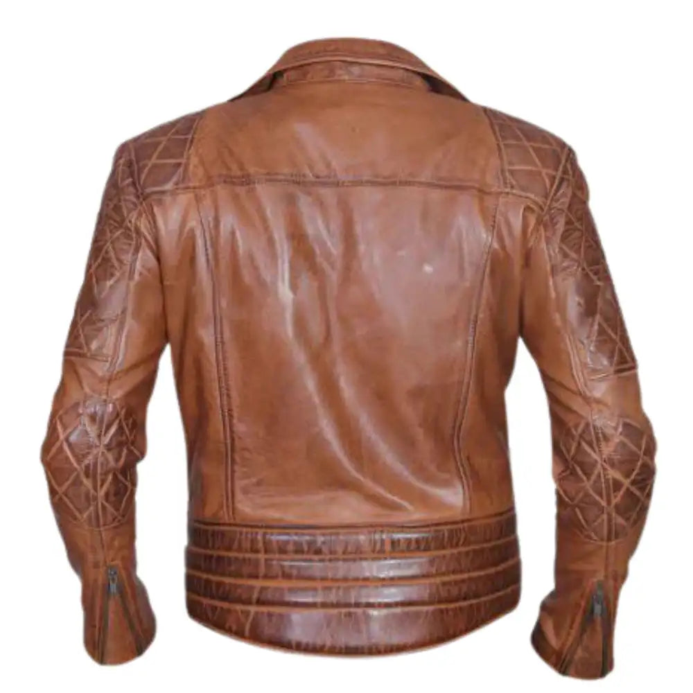 Back profile of stylish distressed sandwash leather biker jacket
