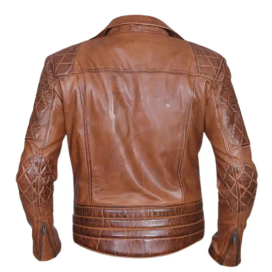 Back profile of stylish distressed sandwash leather biker jacket