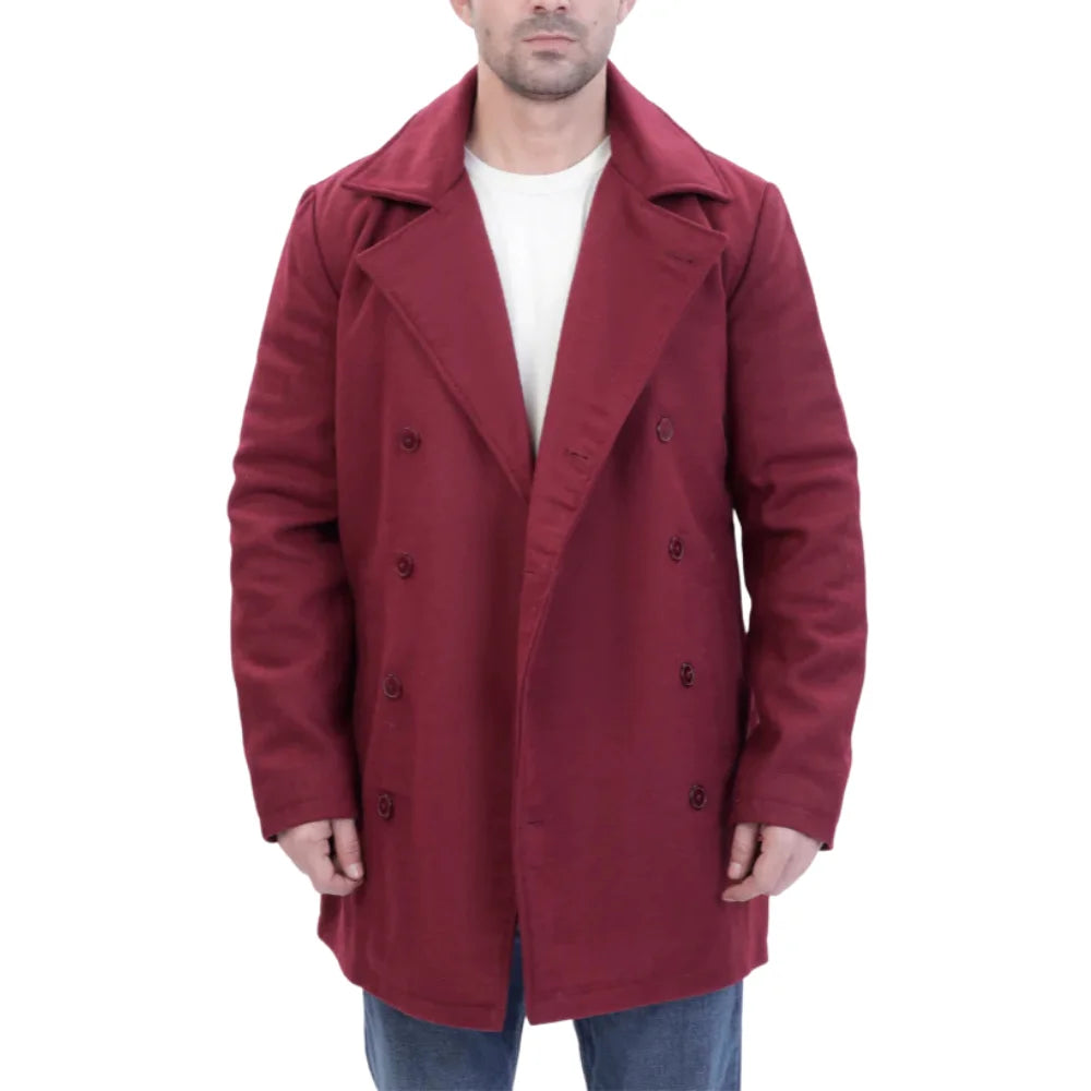 Man wearing a burgundy wool overcoat with open buttons on a white background