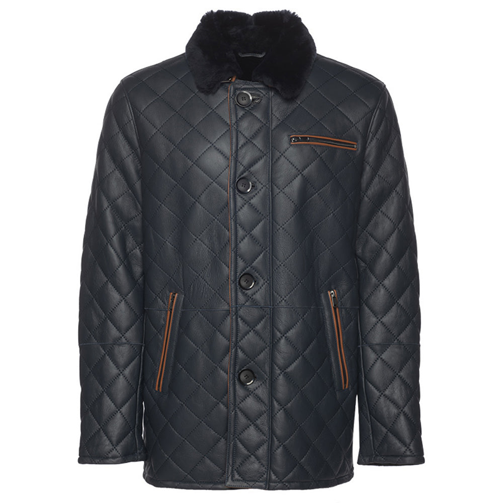 A navy quilted sheepskin shearling coat with a shirt style fur collar, buttoned up closure, and two functional outer pockets.