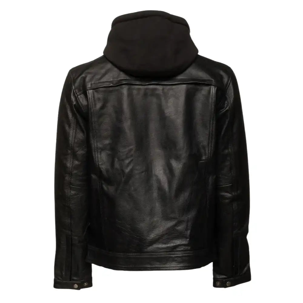 Back view of the Easton jacket showing the clean trucker-style paneling and the relaxed drape of the integrated jersey hood.