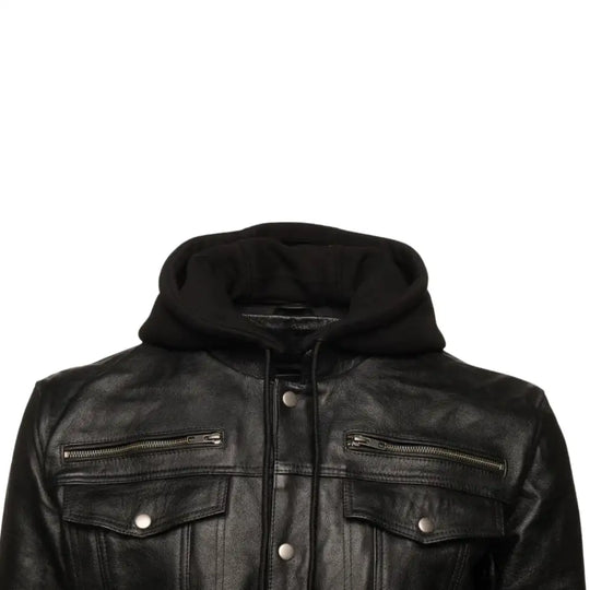 Front view of the Easton black leather trucker jacket, featuring a dual-closure system with a zipper and snap buttons, and a detachable grey fabric hood.