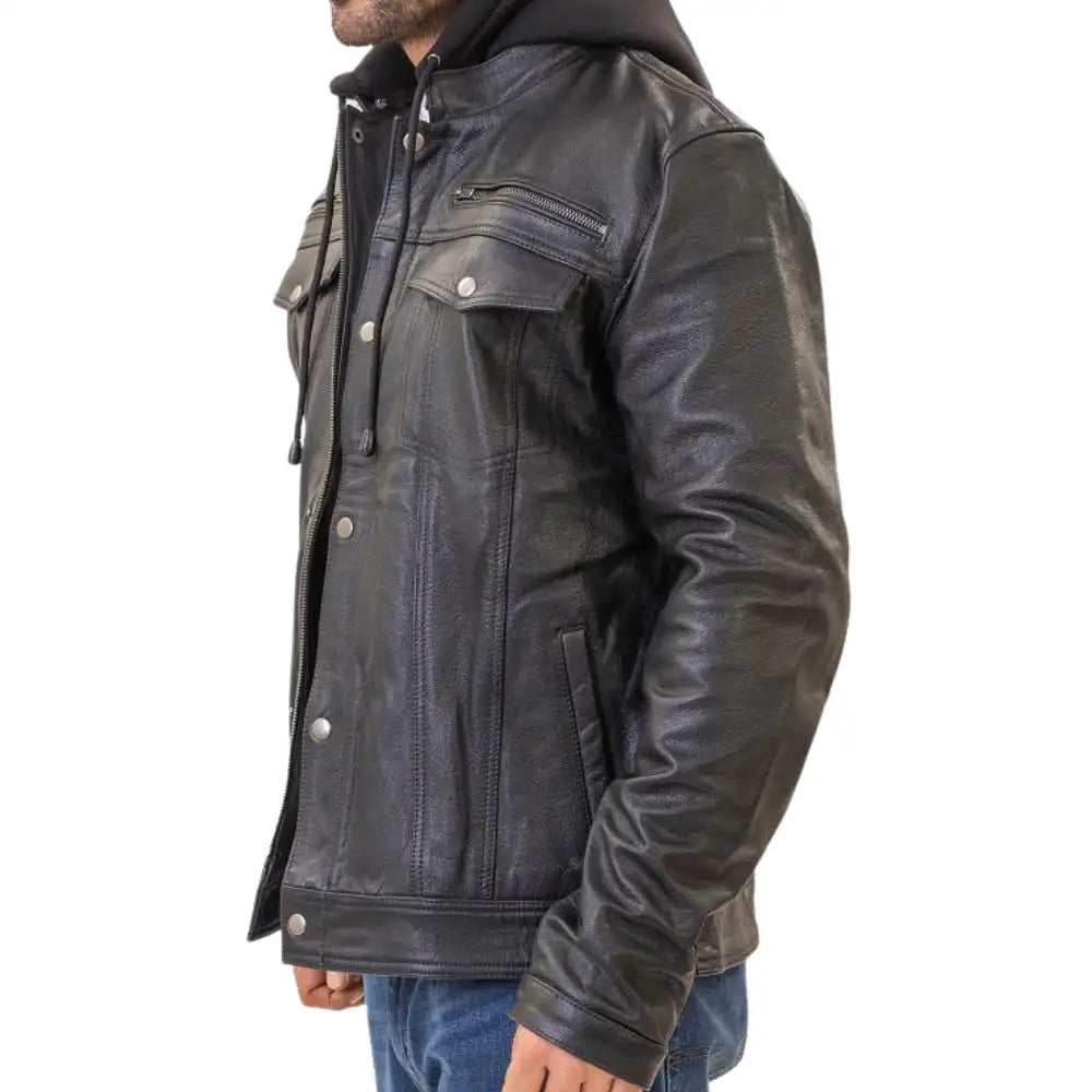 Side view of the Easton jacket showing the clean trucker-style paneling and the relaxed drape of the integrated jersey hood.