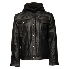 Front view of the Easton black leather trucker jacket, featuring a dual-closure system with a zipper and snap buttons, and a detachable grey fabric hood.