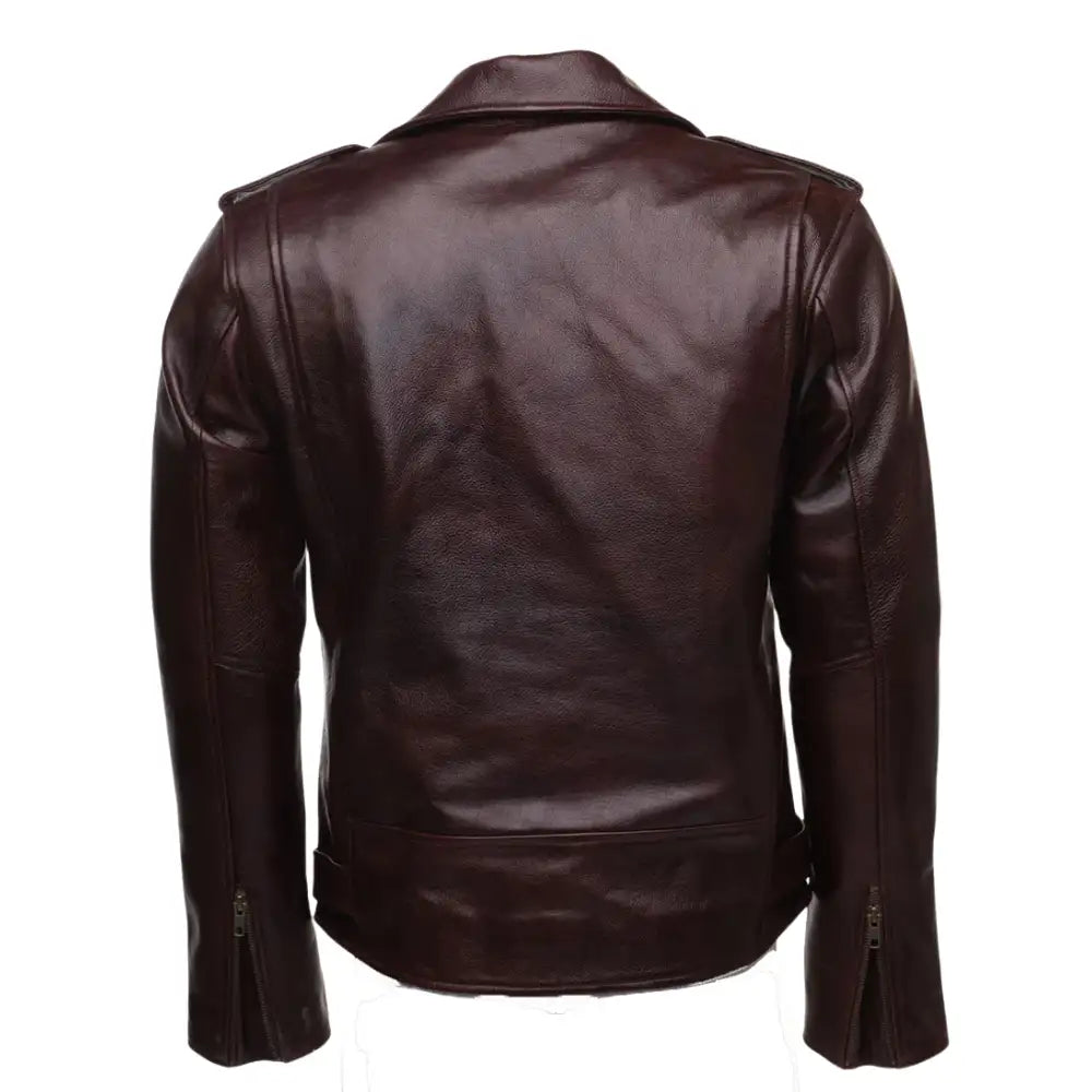 Rear design of Elliot oxblood leather biker jacket with belt detail