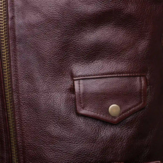 Close-up of the side pocket on Elliot oxblood leather biker jacket