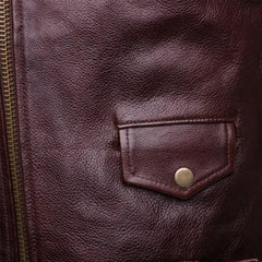 Elliot Oxblood Belted Leather Biker Jacket close up of zip pocket on biker jacket