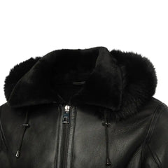 Close-up of the jacket’s collar, featuring a fur-lined detail that wraps around the neck, adding both style and warmth to the bomber jacket.