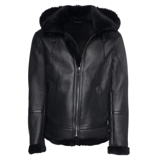 Felix black bomber shearling jacket with hoodie