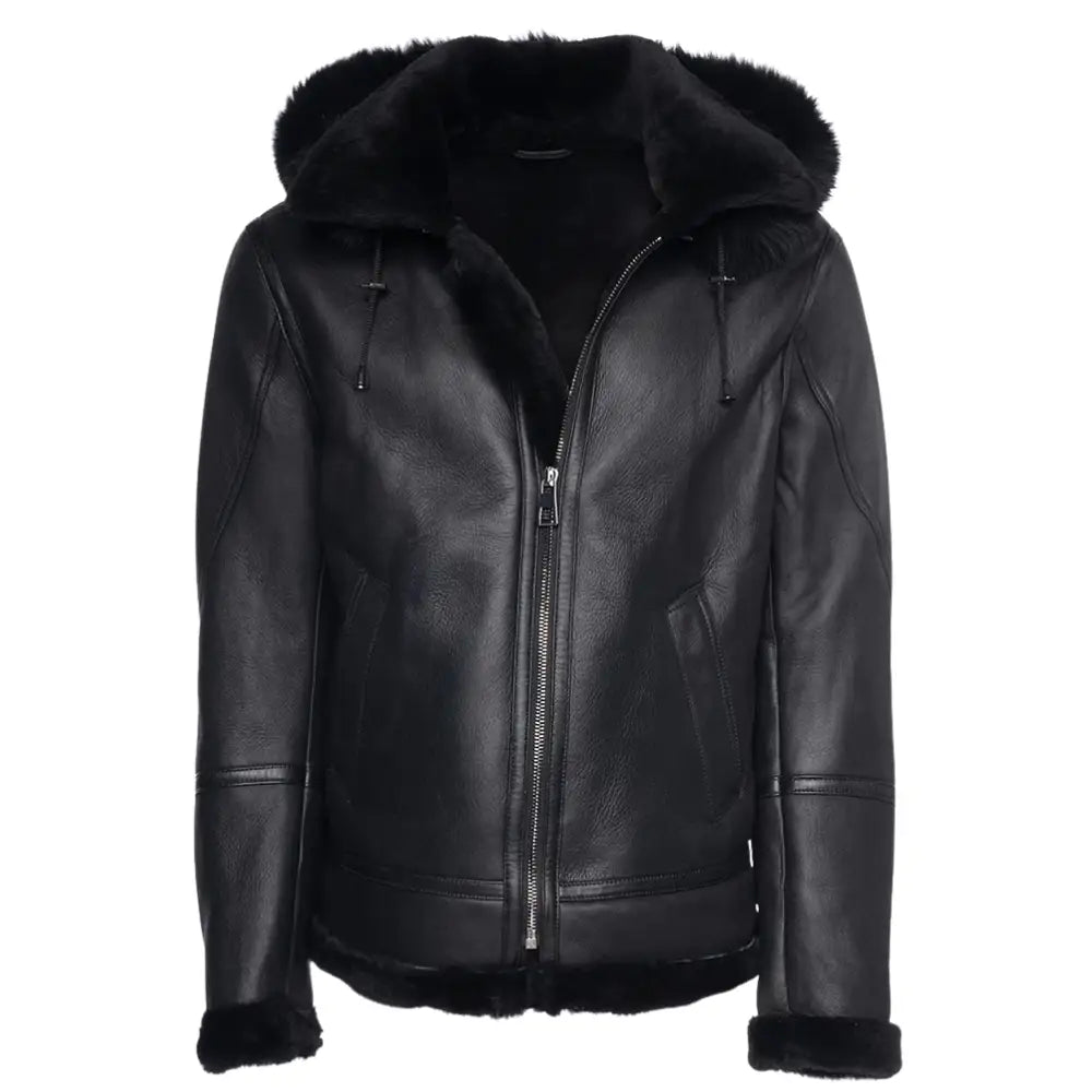 Front view of the black bomber shearling jacket with a fur-lined hood, exuding a perfect balance of comfort and rugged fashion for winter.