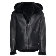 Front view of the black bomber shearling jacket with a fur-lined hood, exuding a perfect balance of comfort and rugged fashion for winter.