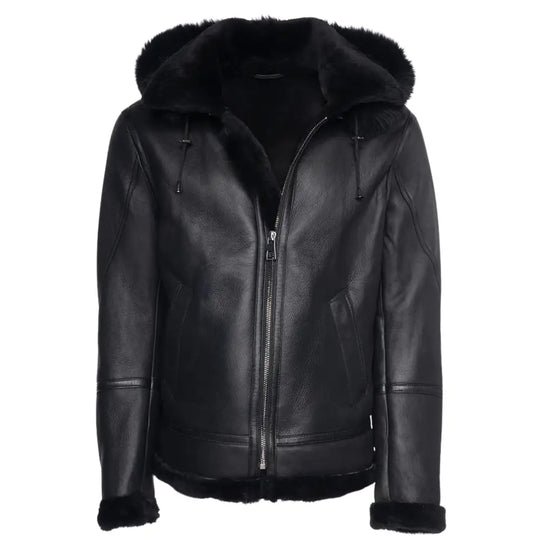 Front view of the black bomber shearling jacket with a fur-lined hood, exuding a perfect balance of comfort and rugged fashion for winter.