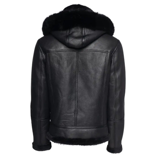 Back view of the black bomber shearling jacket with a cozy fur-lined hood, perfect for colder weather while maintaining a rugged, fashionable look.