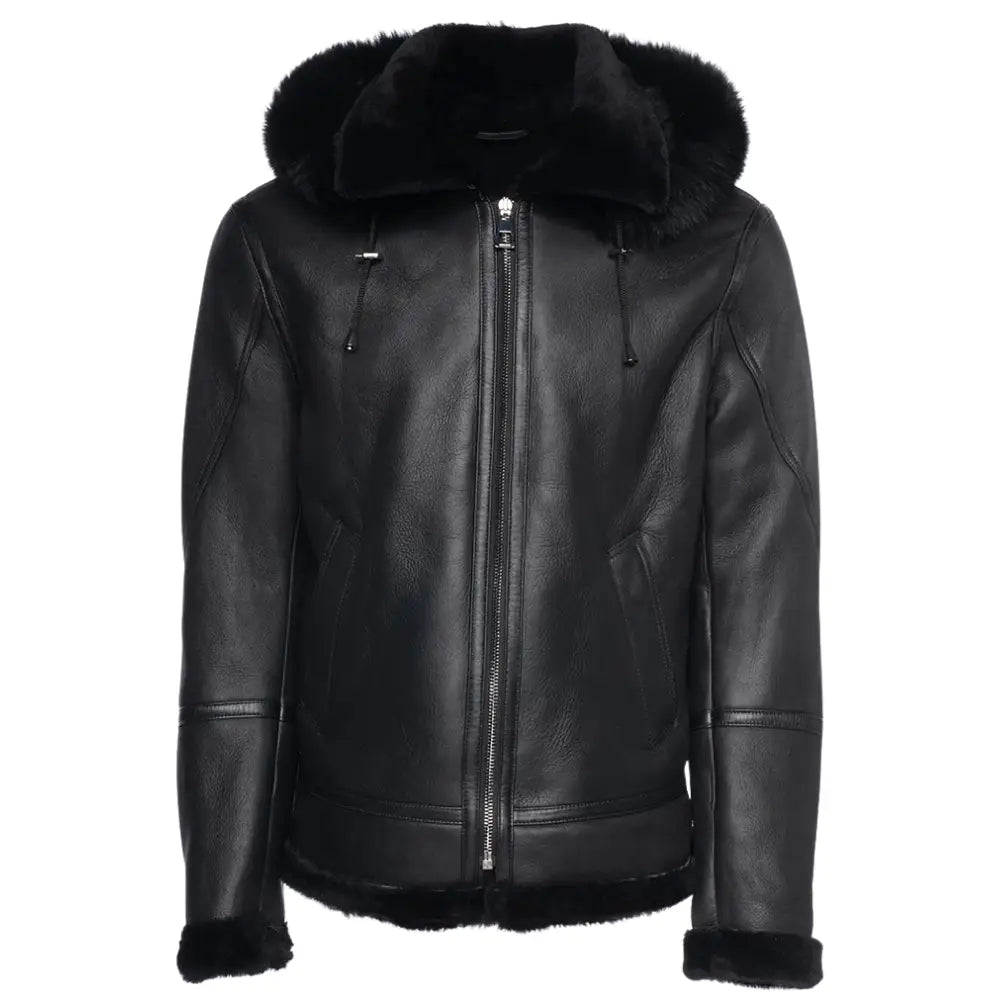 The black bomber shearling jacket’s zipper pocket detailing, showcasing heavy-duty silver zippers that add a touch of modern luxury to the design.