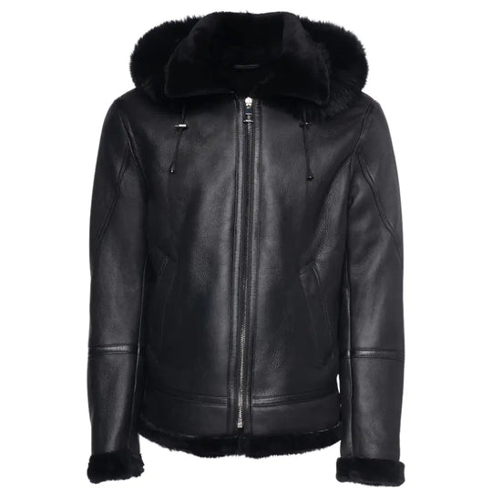 The black bomber shearling jacket’s zipper pocket detailing, showcasing heavy-duty silver zippers that add a touch of modern luxury to the design.