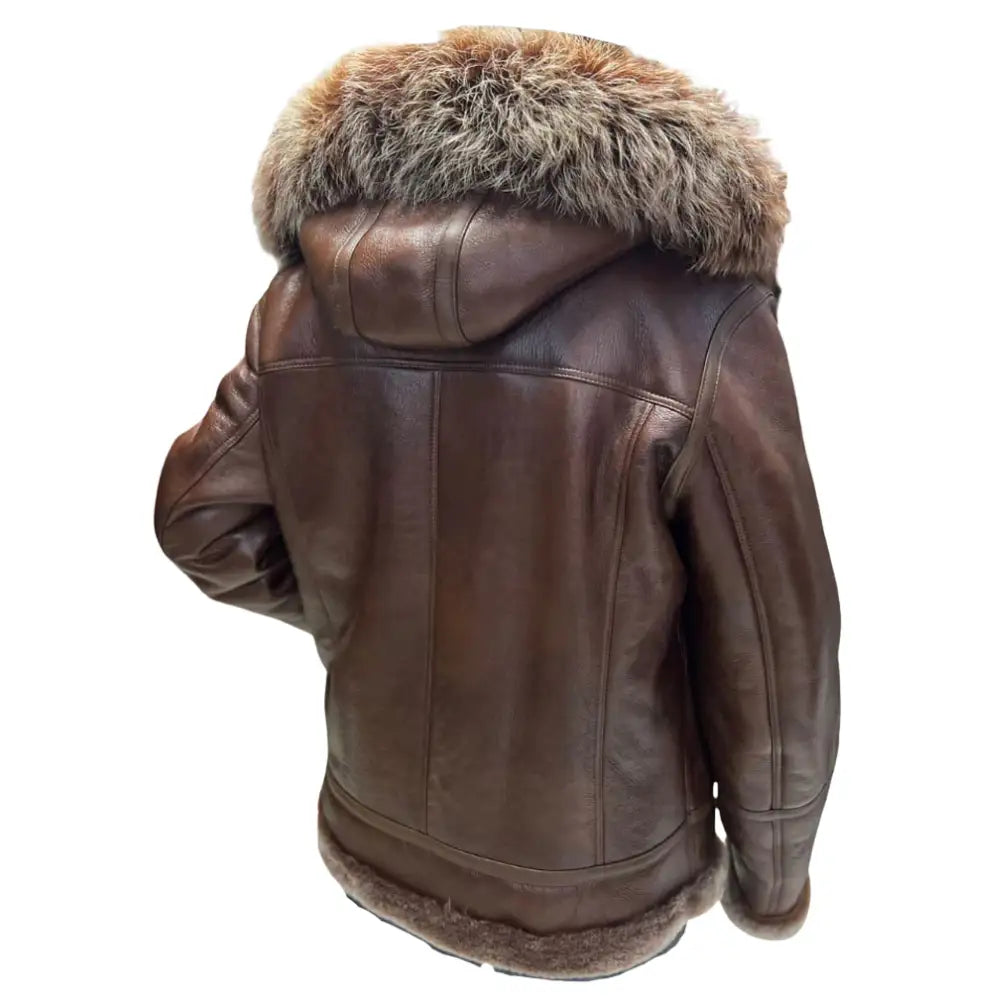 Felix Brown Bomber Jacket with Hoodie back view brown leather jacket with hood