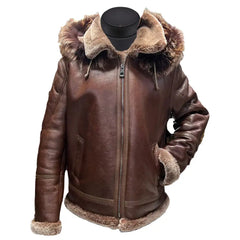 Felix Brown Bomber Jacket with Hoodie front view brown leather bomber jacket with hood