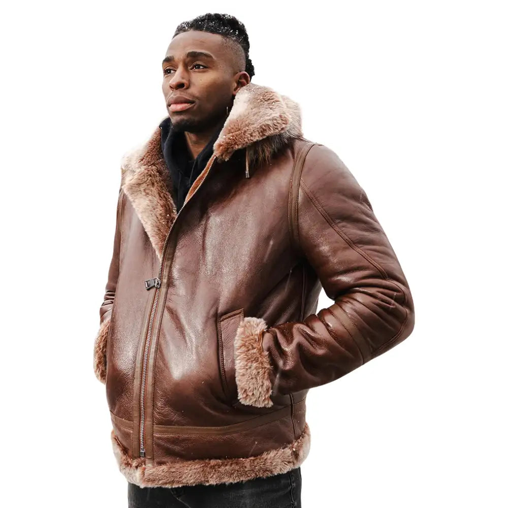 Model wearing Felix Brown Bomber Jacket with Hoodie brown leather bomber jacket outfit