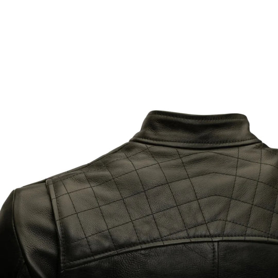 Finnian's Black Midnight Café Racer Jacket close up back leather panel