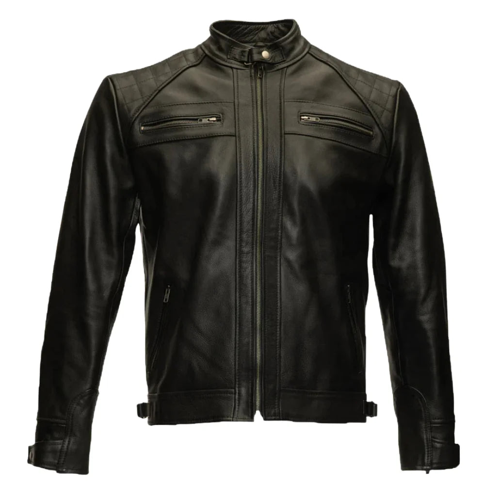 Finnian's Black Midnight Café Racer Jacket front view black leather cafe racer jacket sleek design