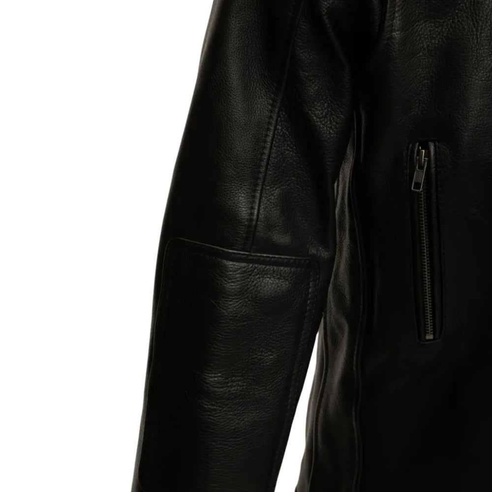 Finnian's Black Midnight Café Racer Jacket close up black leather texture