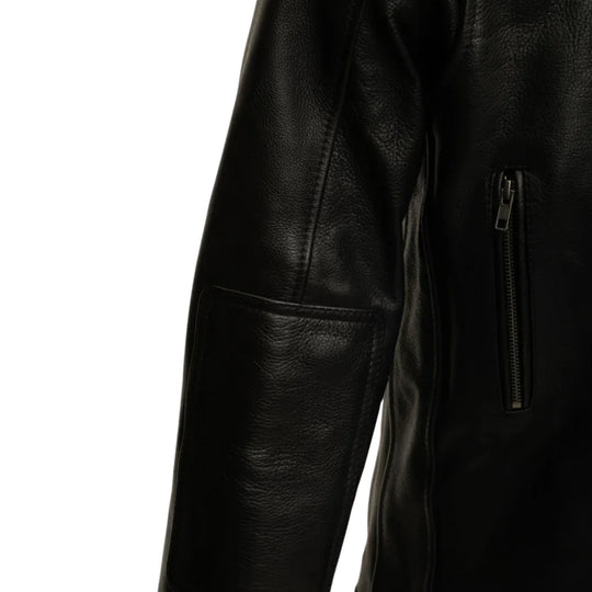 Finnian's Black Midnight Café Racer Jacket close up black leather texture