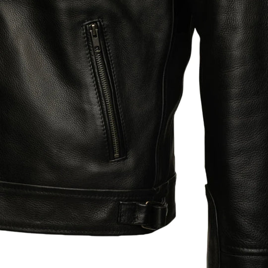 Finnian's Black Midnight Café Racer Jacket close up zipper on leather jacket