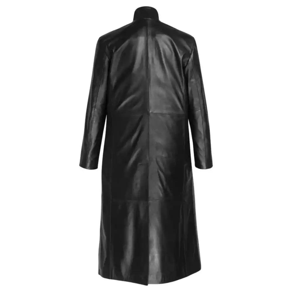 Back view of the Gilbert black long leather coat highlighting the minimalist design and structured longline silhouette.