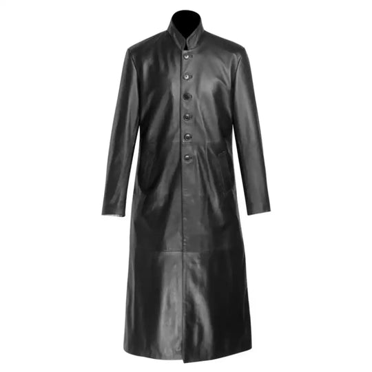 Front view of the Gilbert black long leather coat featuring a unique round collar and sleek button-up front.