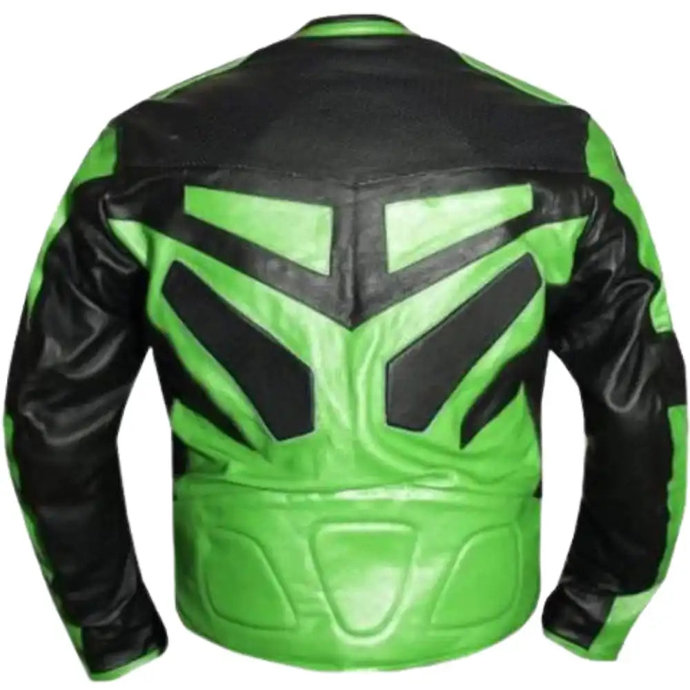 Back view showing the seamless green leather back panel with reinforced stitching and a tapered waist for a secure riding fit.