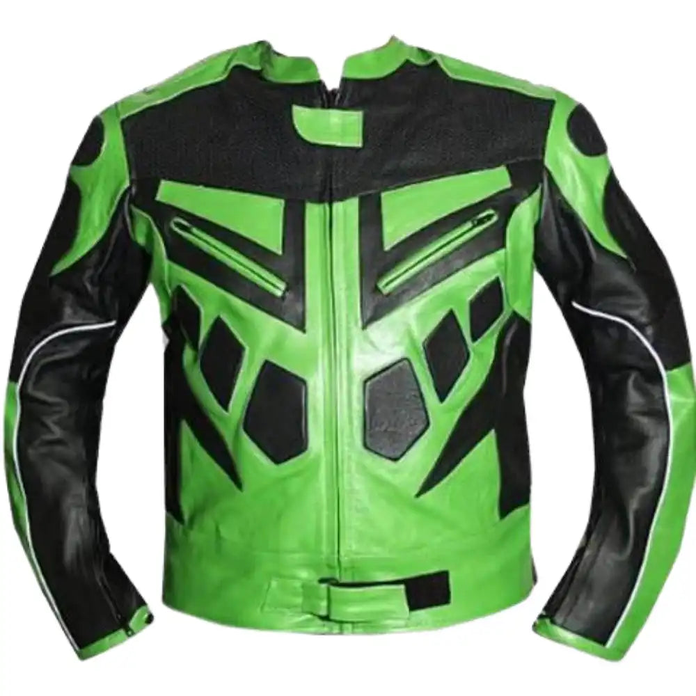 Front view of a green armored motorcycle jacket in premium leather, featuring a central zip closure and a structured, athletic silhouette.