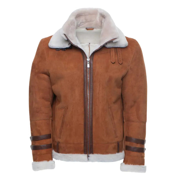 Hagan's Tan Aviator bomber Suede shearling jacket