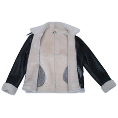 Hampton's Classic Brown B 3 Bomber Aviator Shearling Jacket with Collar Belt close up shearling lining detail