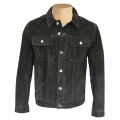 Front view of Hart's Black suede trucker leather jacket on a mannequin against a white background