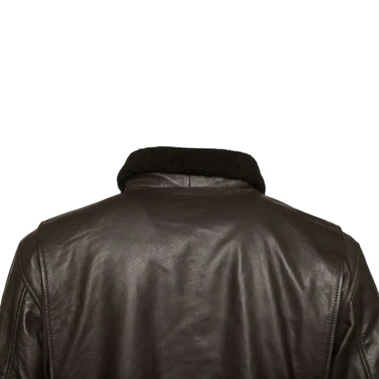 Macro Back shot of the high-quality Lambskin leather grain used in the Havana brown G1 Bomber leather jacket, highlighting the rich texture and durability.