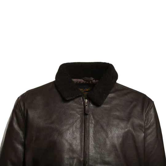 Close-up of the removable fur collar on the Havana brown G1 Bomber leather jacket, offering versatility and warmth.