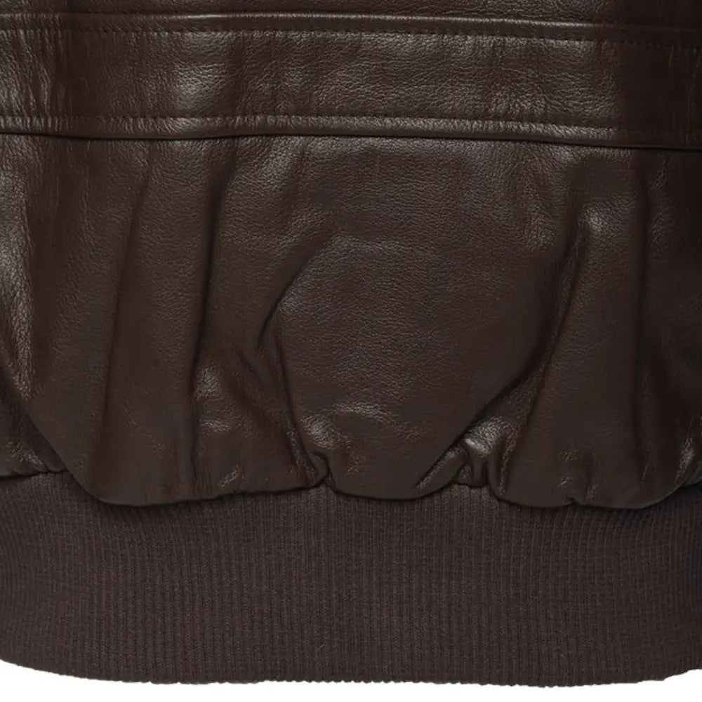 Detailed view of the Henri Brown A2 Bomber Leather Jacket, highlighting the leather and ribbed belt and the jacket's overall design.