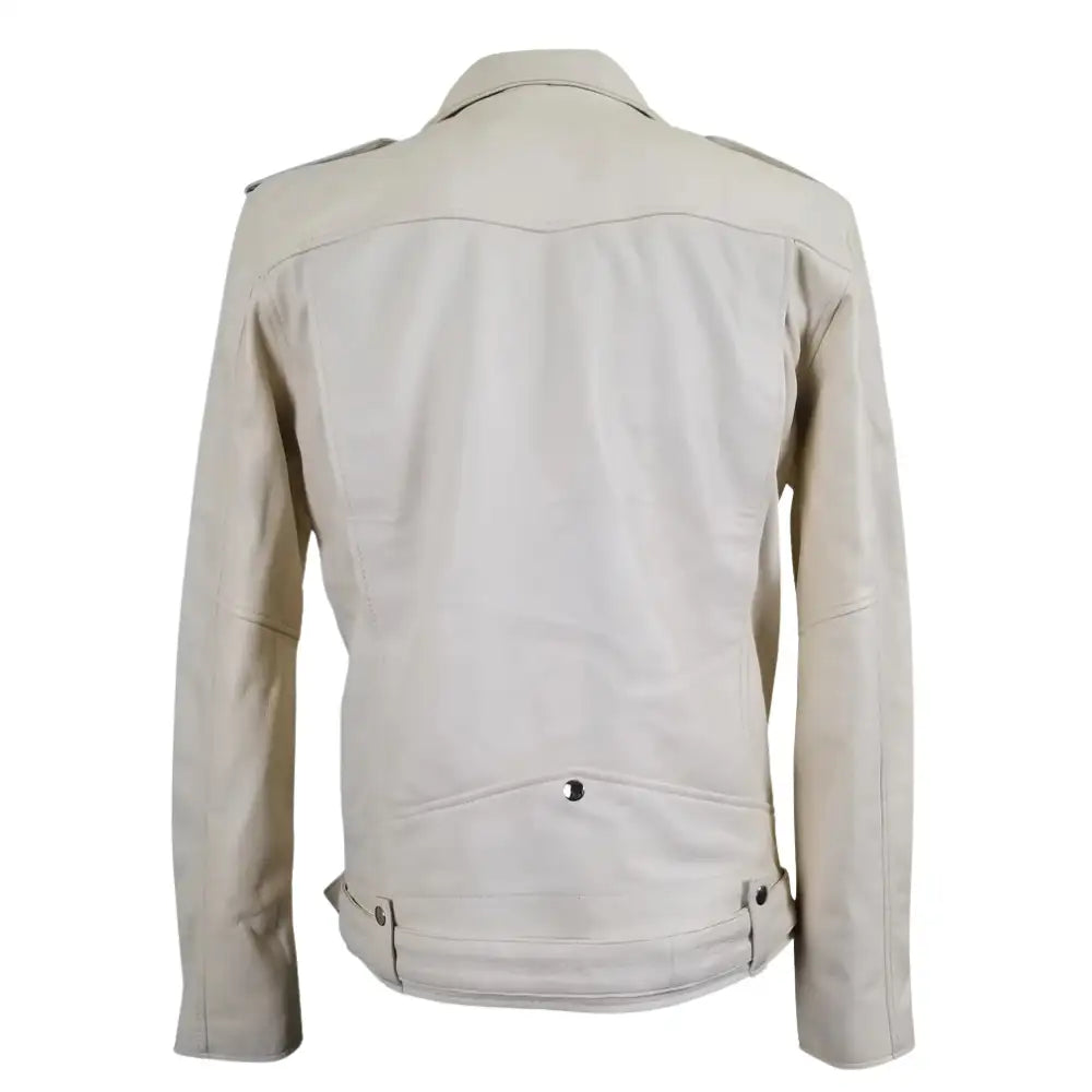 Back view of Holman's Cream Belted Leather Biker Jacket highlighting clean leather panels