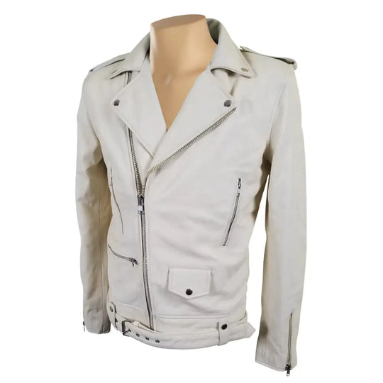 Side view of Holman's Cream Belted Leather Biker Jacket showing tailored biker silhouette