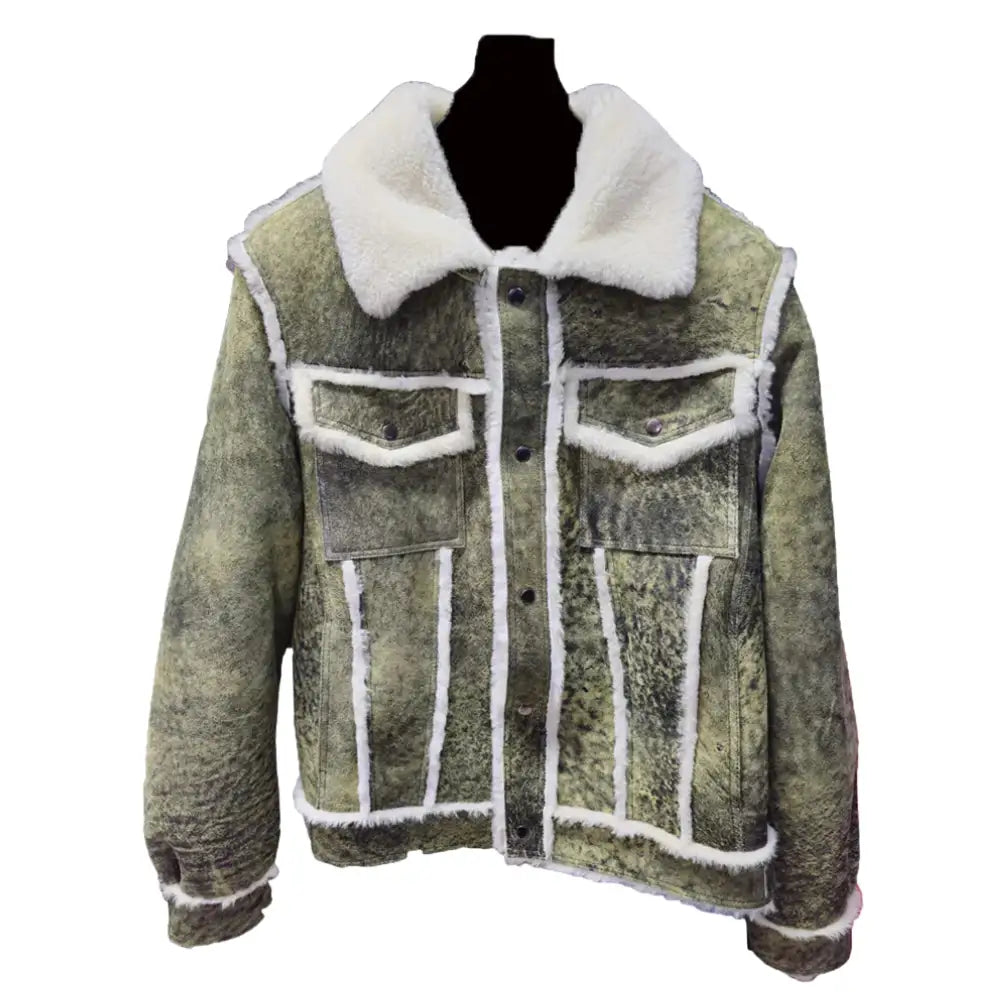 Front view of Hudson's Distressed Green Trucker Shearling Jacket with a zippered closure, fur collar, and leather texture.