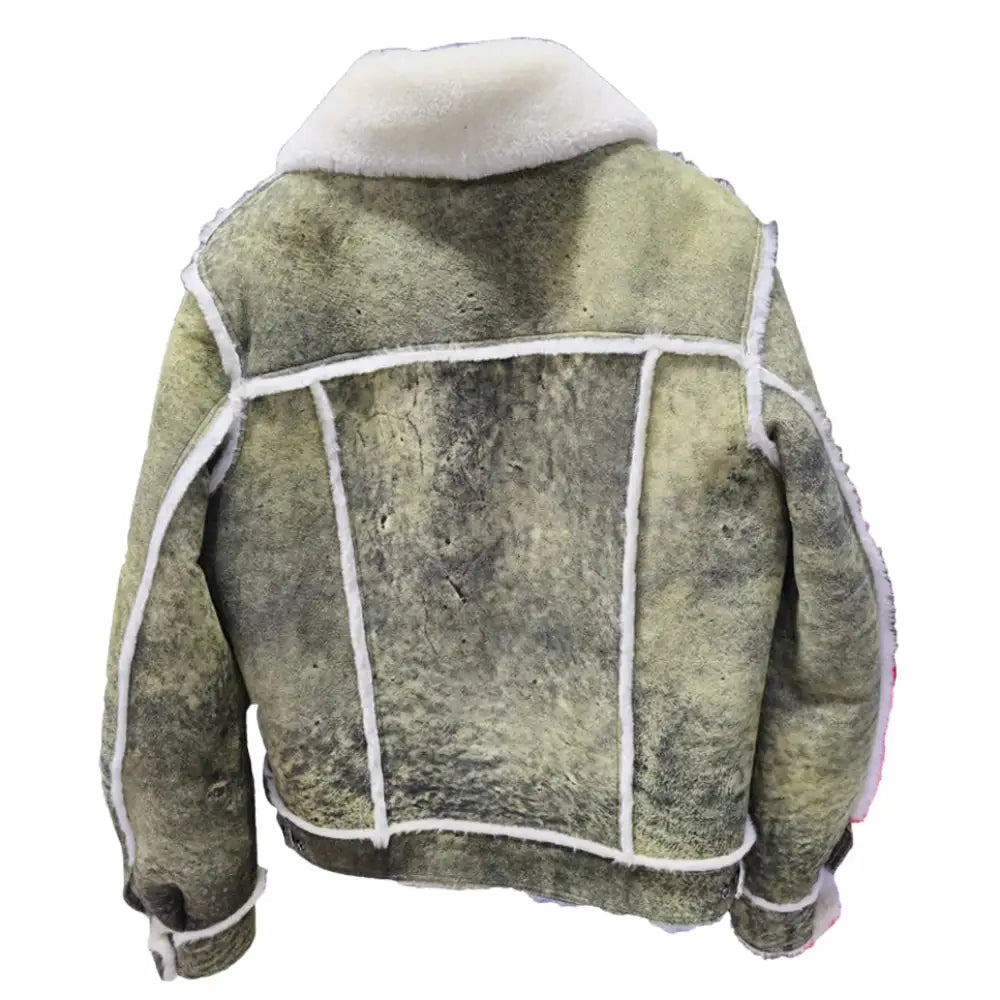 Back view of Hudson's Distressed Green Trucker Shearling Jacket showcasing the fur-lined collar and detailed stitching on the leather.