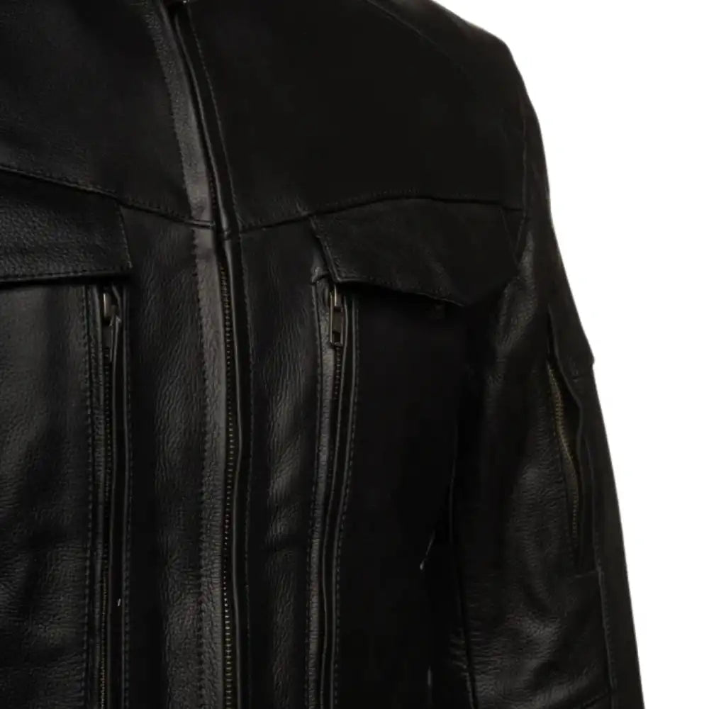 Close-up of the heavy-duty cowhide leather on the Huxley, highlighting the durable grain and reinforced double-stitching at the seams.