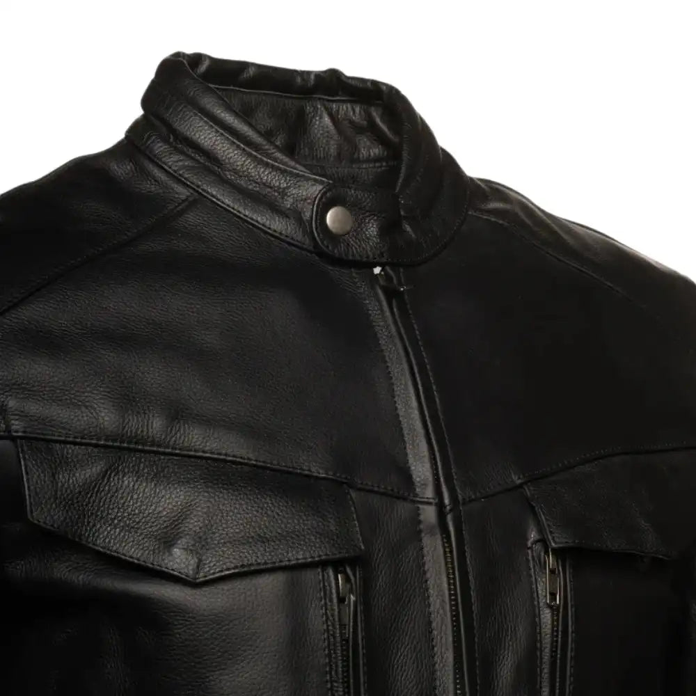 Close-up of the heavy-duty cowhide leather on the Huxley Top, highlighting the durable grain and reinforced double-stitching at the seams.
