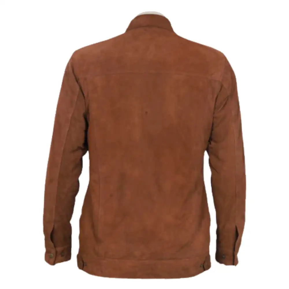 Rear view of Jace tan suede leather jacket on a mannequin against a white background