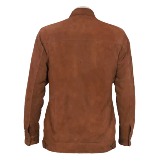Rear view of Jace tan suede leather jacket on a mannequin against a white background