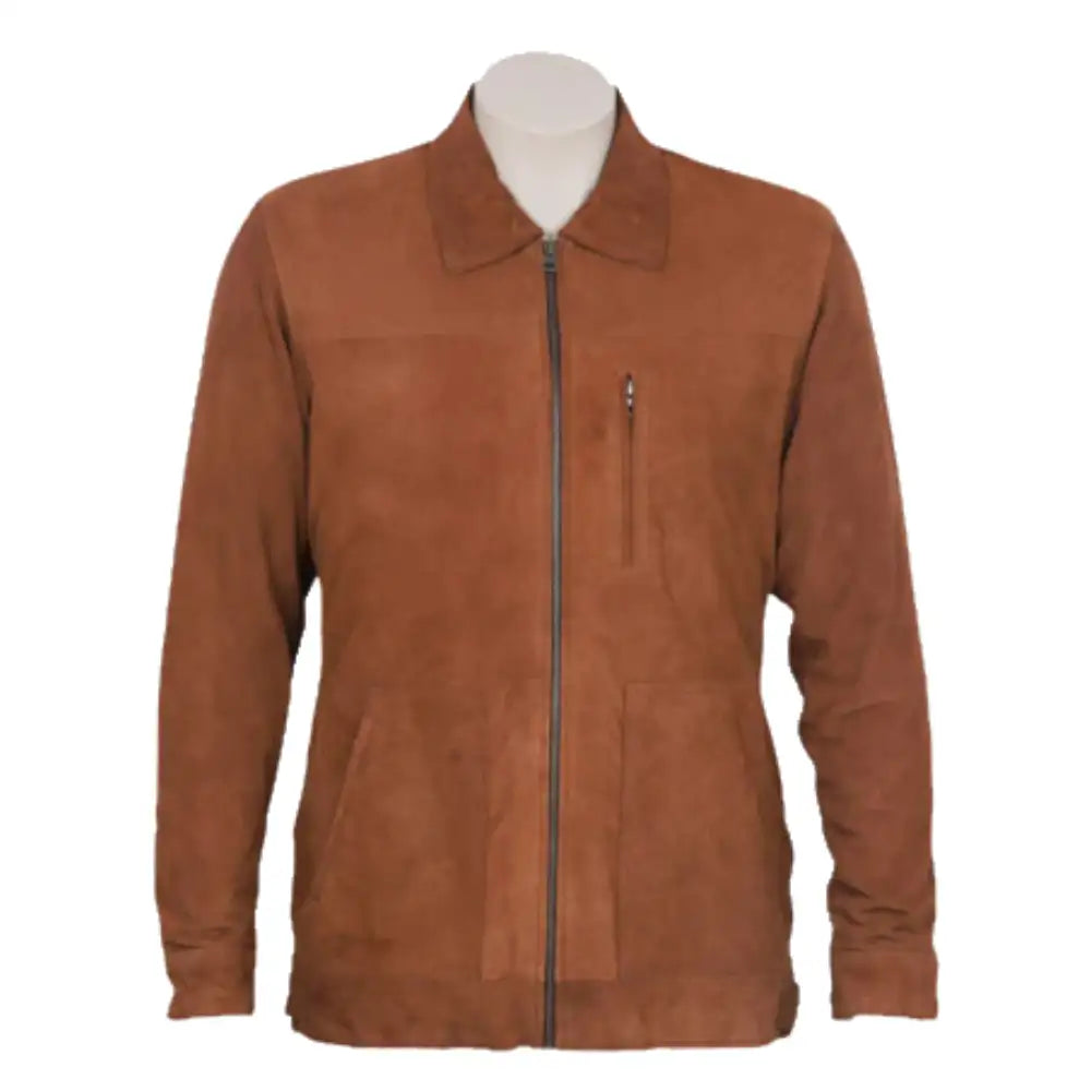 Front view of Jace tan suede leather jacket on a mannequin against a white background